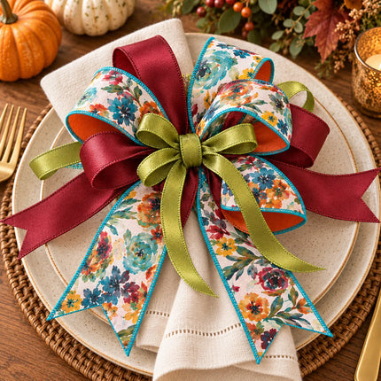 4" Orange Floral Dupioni and 2 1/2" Wine with 1" Moss Shimmer Satin Ribbon Bundle | 3 Rolls | 30 Yards