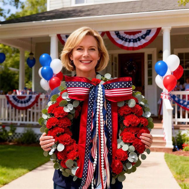 Patriotic wreath with red carnations and a stars-and-stripes ribbon bow for Fourth of July decor.