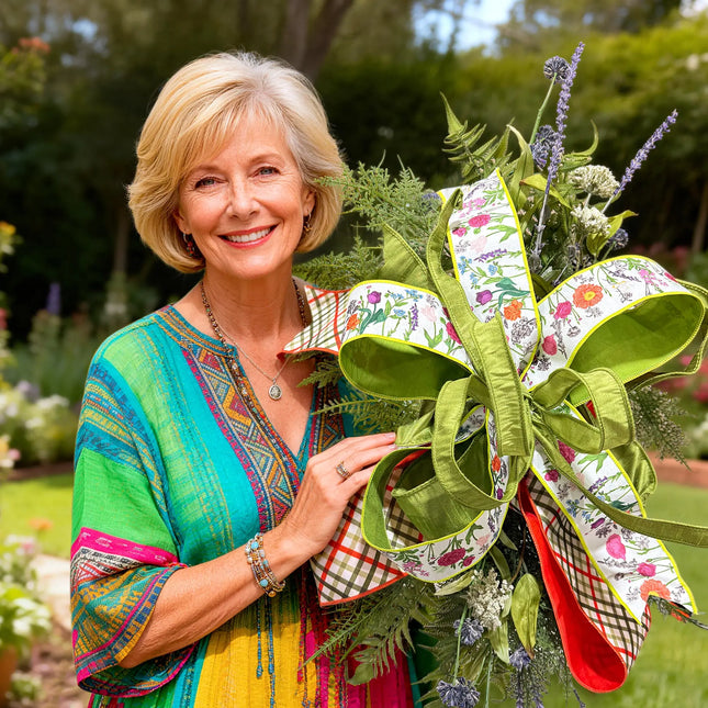 Spring Day Floral Stems with Garden Bias Plaid Ribbon Bundle 4 Rolls |40 Yards LaRibbons and Crafts