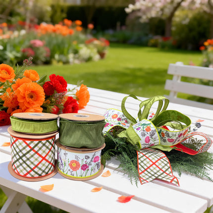 Spring Day Floral Stems with Garden Bias Plaid Ribbon Bundle 4 Rolls |40 Yards