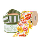 Spring Day Yellow and Pink Tulips with Green Herb Ribbon Bundle 3 Rolls |30 Yards
