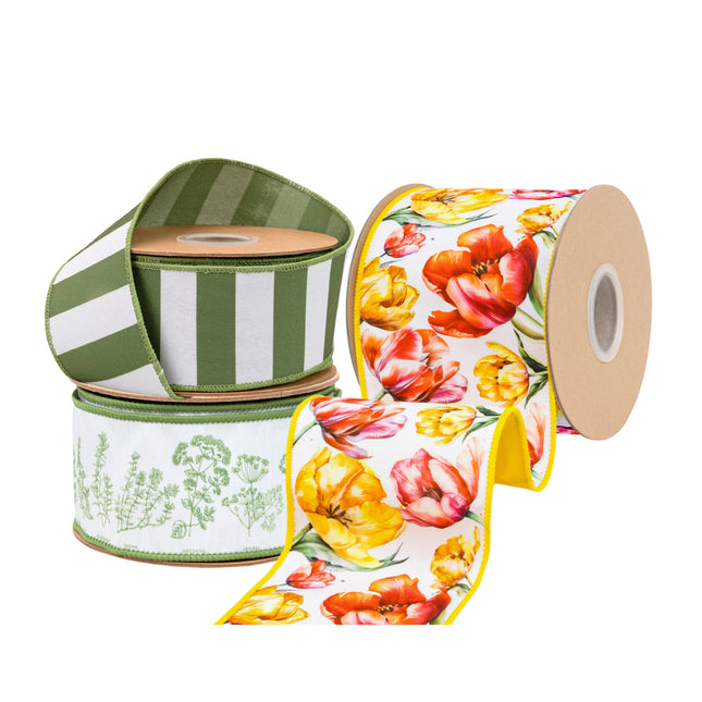 Spring Day Yellow and Pink Tulips with Green Herb Ribbon Bundle 3 Rolls |30 Yards