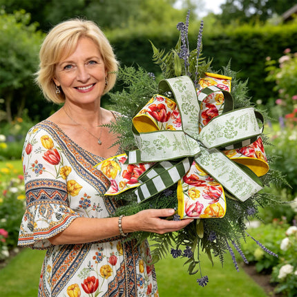 Spring Day Yellow and Pink Tulips with Green Herb Ribbon Bundle 3 Rolls |30 Yards