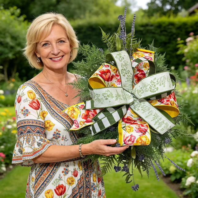 Spring Day Yellow and Pink Tulips with Green Herb Ribbon Bundle 3 Rolls |30 Yards LaRibbons and Crafts