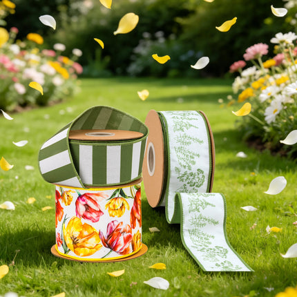 Spring Day Yellow and Pink Tulips with Green Herb Ribbon Bundle 3 Rolls |30 Yards
