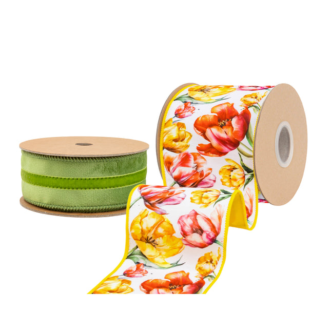 Spring Day Yellow and Pink Tulips with Tone-to-Tone Green Velvet Ribbon Bundle 2 Rolls |20 Yards
