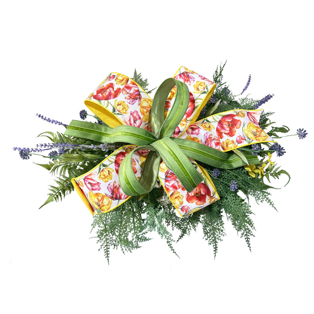 Spring Day Yellow and Pink Tulips with Tone-to-Tone Green Velvet Ribbon Bundle 2 Rolls |20 Yards