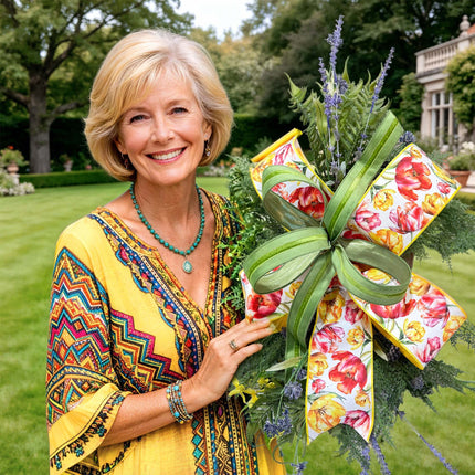 Spring Day Yellow and Pink Tulips with Tone-to-Tone Green Velvet Ribbon Bundle 2 Rolls |20 Yards