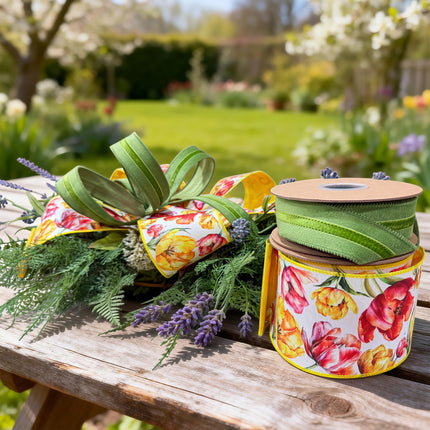 Spring Day Yellow and Pink Tulips with Tone-to-Tone Green Velvet Ribbon Bundle 2 Rolls |20 Yards