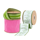 Spring ribbon bundle featuring hot pink dupioni, green herb print, and green velvet stripe wired ribbons for decor.