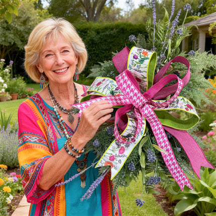 Spring Day Floral Stems with Pink/White Herringbone Ribbon Bundle 3 Rolls |30 Yards