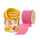 Spring tulip-themed ribbon bundle featuring tulip print, velvet stripe, and bright pink linen wired ribbons