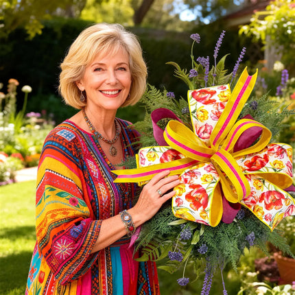 Vibrant spring floral arrangement featuring tulip print, yellow-pink velvet stripe, and bright pink linen wired ribbons