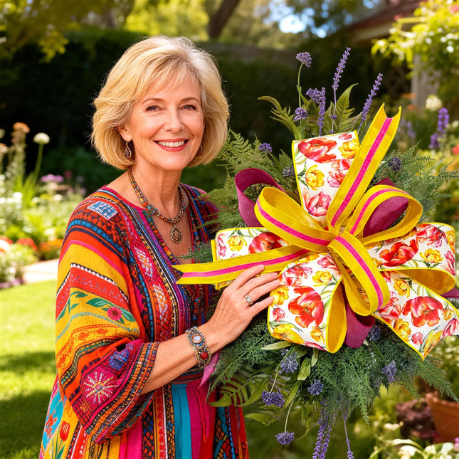 Spring Day Yellow and Pink Tulips with Shock Pink Yellow color blocking Ribbon Bundle 3 Rolls |30 Yards LaRibbons and Crafts