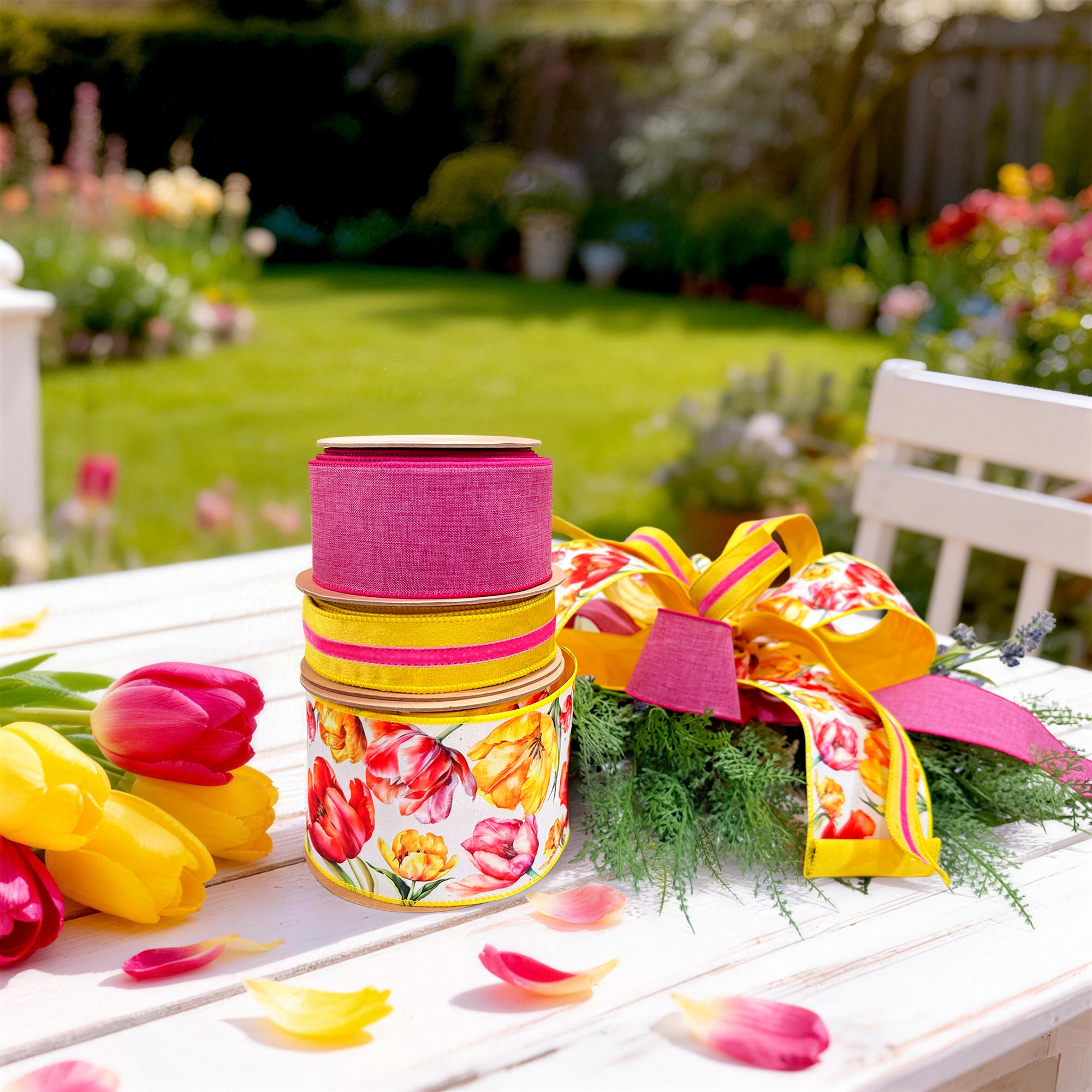 -5#https://laribbonsandcrafts.com/products/spring-day-yellow-and-pink-tulips-with-shock-pink-yellow-color-blocking-ribbon-bundle-3-rolls-30-yards