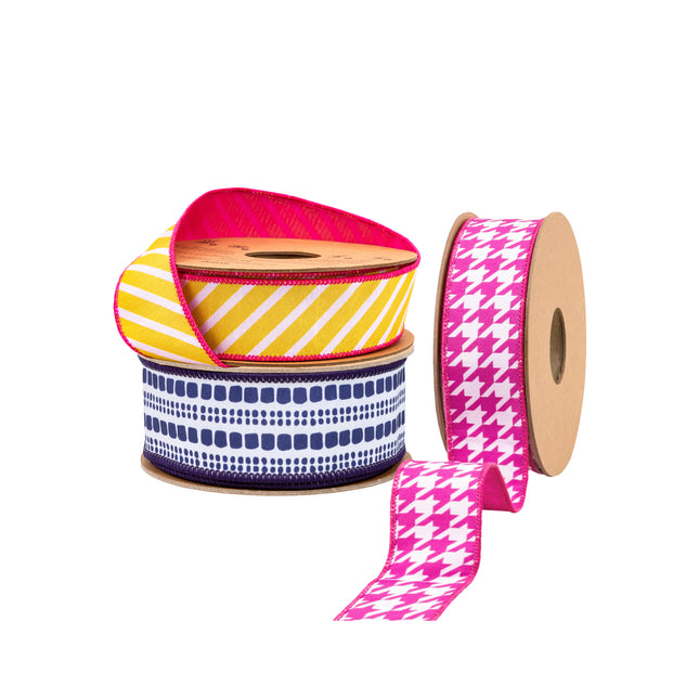 Blue Bias Plaid and Pink Houndstooth Check with Yellow/White Diagonal Stripe  3 Rolls |30 Yards