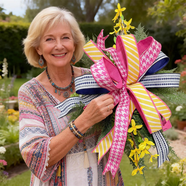 Blue Bias Plaid and Pink Houndstooth Check with Yellow/White Diagonal Stripe  3 Rolls |30 Yards LaRibbons and Crafts