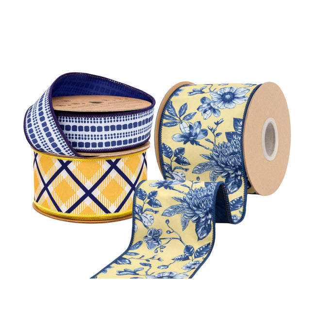 Yellow and Blue Toile Ribbon Bundle 3 Rolls |30 Yards