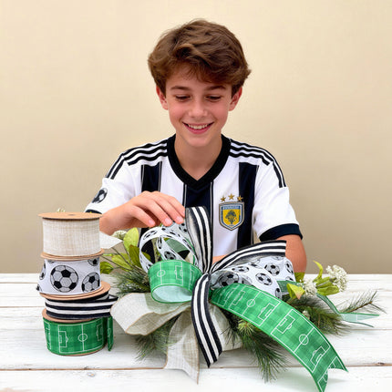 Glitter Soccer Balls and Soccer Field with Black Striped Canvas Ribbon |4 Rolls |40 Yards