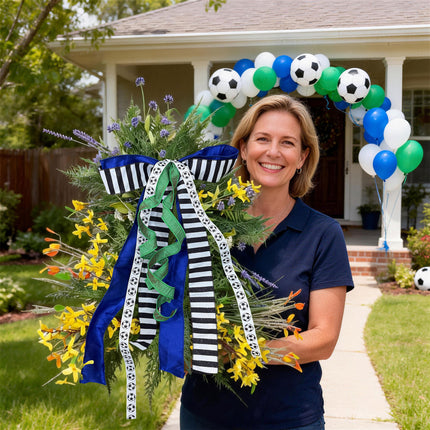 Glittered Stripes and Grosgrain Ribbon with Soccer Ball Pattern Assorted with Royal Blue Dupioni |4 Rolls |55 Yards