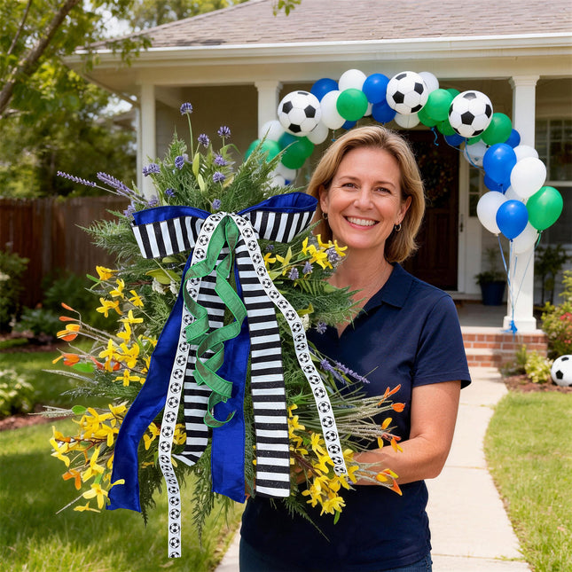 Glittered Stripes and Grosgrain Ribbon with Soccer Ball Pattern Assorted with Royal Blue Dupioni |4 Rolls |55 Yards