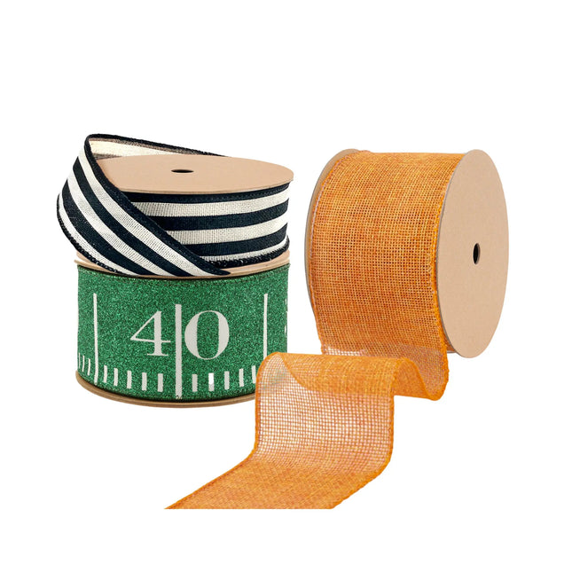 Green Glitter Football Yardage and Orange Solid Assorted with Black Striped Canvas Ribbon |3 Rolls |30 Yards LaRibbons and Crafts