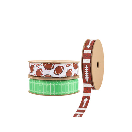 Grosgrain Ribbon with Football Field and Footballs Pattern Assorted with Football Laces |3 Rolls |75 Yards