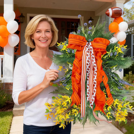 Orange Dupioni Ribbon with Glittered Pinstripes Ribbons Assorted with Footballs Pattern Grosgrain|4 Rolls |55 Yards LaRibbons and Crafts