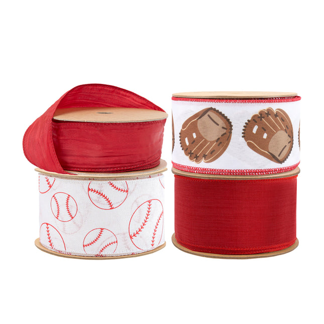 Wired Ribbon in Baseballs and Glove Pattern Assorted with Silk Crinkle Ribbon and Red Liene |4 Rolls |40 Yards