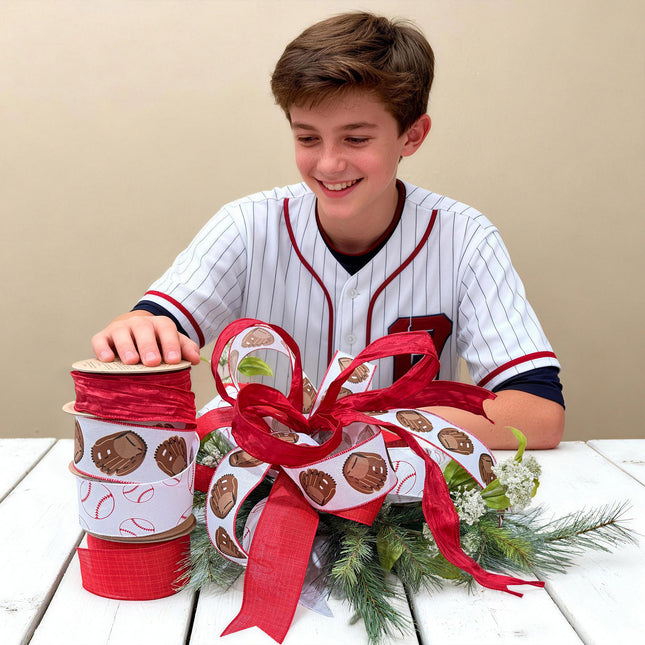Wired Ribbon in Baseballs and Glove Pattern Assorted with Silk Crinkle Ribbon and Red Liene |4 Rolls |40 Yards