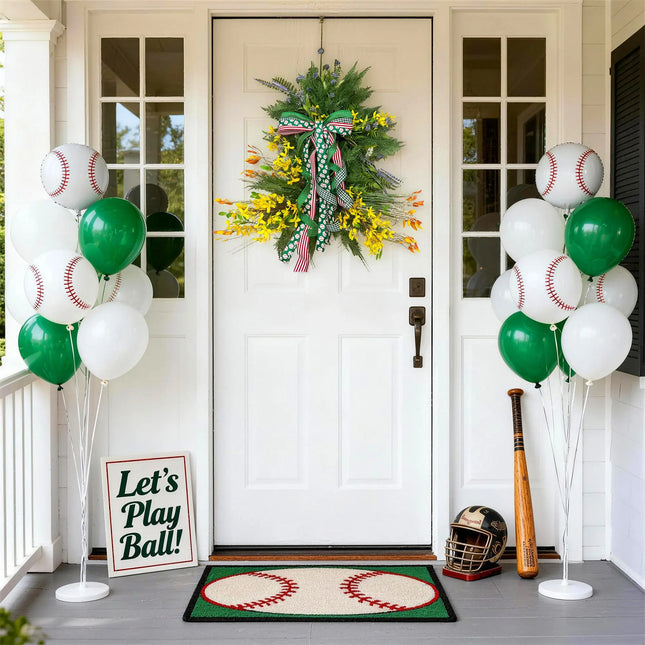 Baseball-themed front door wreath with green baseball print, gingham, and striped wired ribbon bow for game day porch decor.