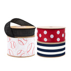 Iconic Baseball Print and Double-Sided Polka Dot Jacquard Ribbon Assorted with Textured Mono-Stripe Navy and Black Dupioni|4 Rolls |55 Yards