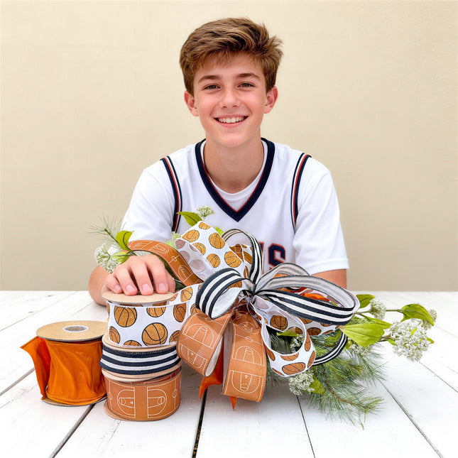 Basketball Season Orange Court Wired Ribbon Bundle-4 Style Assorted Sports Themed Wired Edge Ribbons for Wreath Making,DIY Crafts & Party Decor |4 Rolls |40 Yards