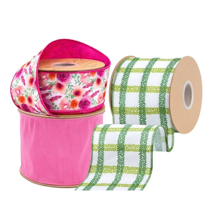 Spring ribbon bundle featuring a 2 1/2" bright floral bouquet ribbon, a 4" green grid wired ribbon, and a 4" hot pink dupioni ribbon