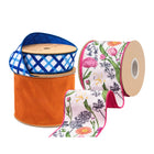 Double-Side Floral Stems Dupioni Ribbon and Blue White Decorative Stripe with Bright Light Orange Dupioni Ribbon|3 Rolls |30 Yards