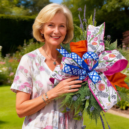 Double-Side Floral Stems Dupioni Ribbon and Blue White Decorative Stripe with Bright Light Orange Dupioni Ribbon|3 Rolls |30 Yards