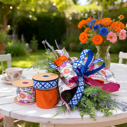 Double-Side Floral Stems Dupioni Ribbon and Blue White Decorative Stripe with Bright Light Orange Dupioni Ribbon|3 Rolls |30 Yards