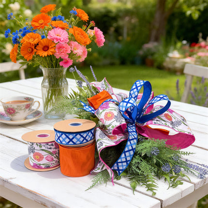 Double-Side Floral Stems Dupioni Ribbon and Blue White Decorative Stripe with Bright Light Orange Dupioni Ribbon|3 Rolls |30 Yards