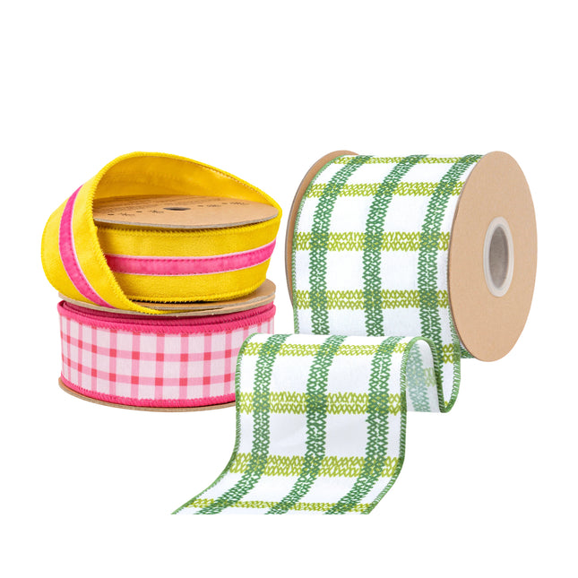 Green Grid Ribbon and Yellow-Pink Stripe Velvet with Pink Coral Gridlines Ribbon |3 Rolls |30 Yards