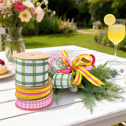 Green Grid Ribbon and Yellow-Pink Stripe Velvet with Pink Coral Gridlines Ribbon |3 Rolls |30 Yards