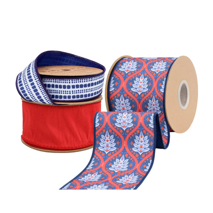 4" red-white-blue flame, 2 1/2" blue geometric, and 2 1/2" red dupioni wired ribbon bundle.