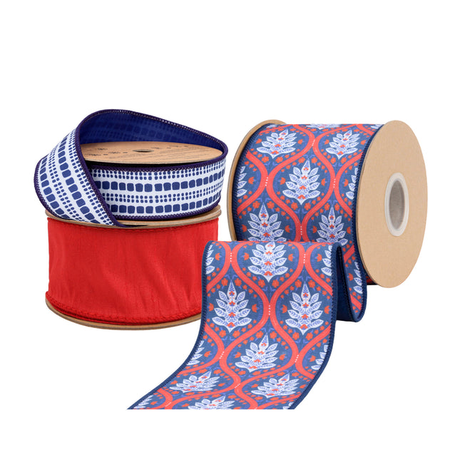 Red/White/Blue Flame and Light Blue Bias Plaid with Red Dupioni Ribbon |3 Rolls |30 Yards