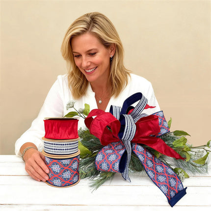 Patriotic multi-pattern wired ribbon bundle with red dupioni, blue geometric, and red-white-blue flame ribbons