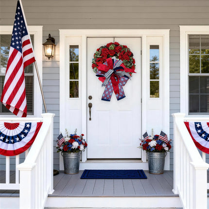 Patriotic wreath with a multi-pattern wired ribbon bow (red-white-blue flame, blue geometric, red dupioni)