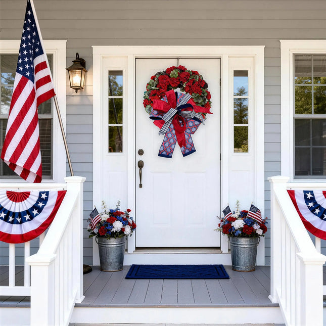 Patriotic wreath with a multi-pattern wired ribbon bow (red-white-blue flame, blue geometric, red dupioni)