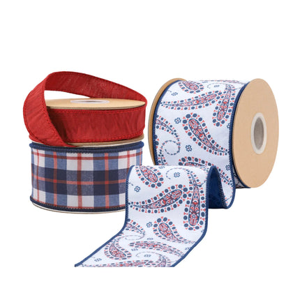 4" blue paisley, 2 1/2" red-white-blue plaid, and 1" bordeaux dupioni wired ribbon bundle.