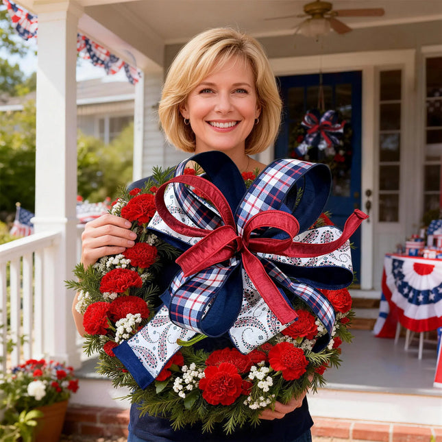 Patriotic wreath with a multi-pattern wired ribbon bow (blue paisley, red-white-blue plaid, and red dupioni) 