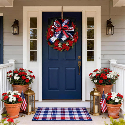 Patriotic front door wreath with a multi-pattern wired ribbon bow (blue paisley, red-white-blue plaid, red dupioni) 
