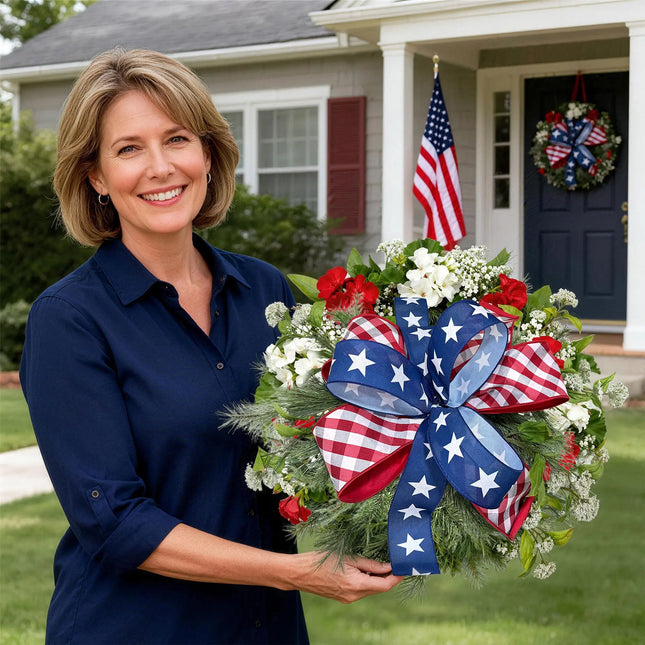 Patriotic wreath with red/white check and blue star-patterned wired ribbon bow