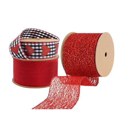 3-spool Valentine ribbon set: red/black check (red hearts), red mesh, solid red for decorating